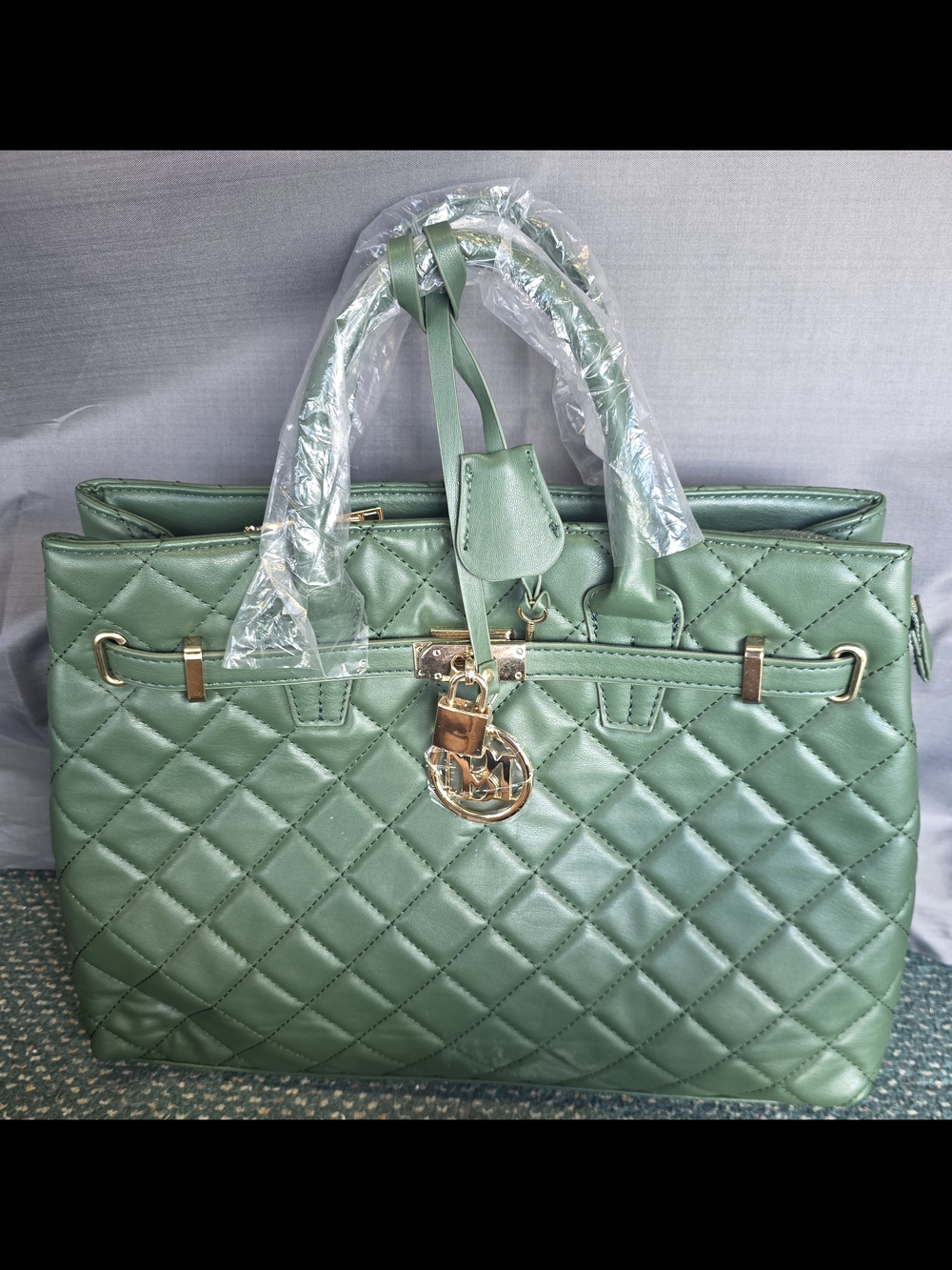 Badgley Mischka Quilted Sage Green Tote with Gold Accents